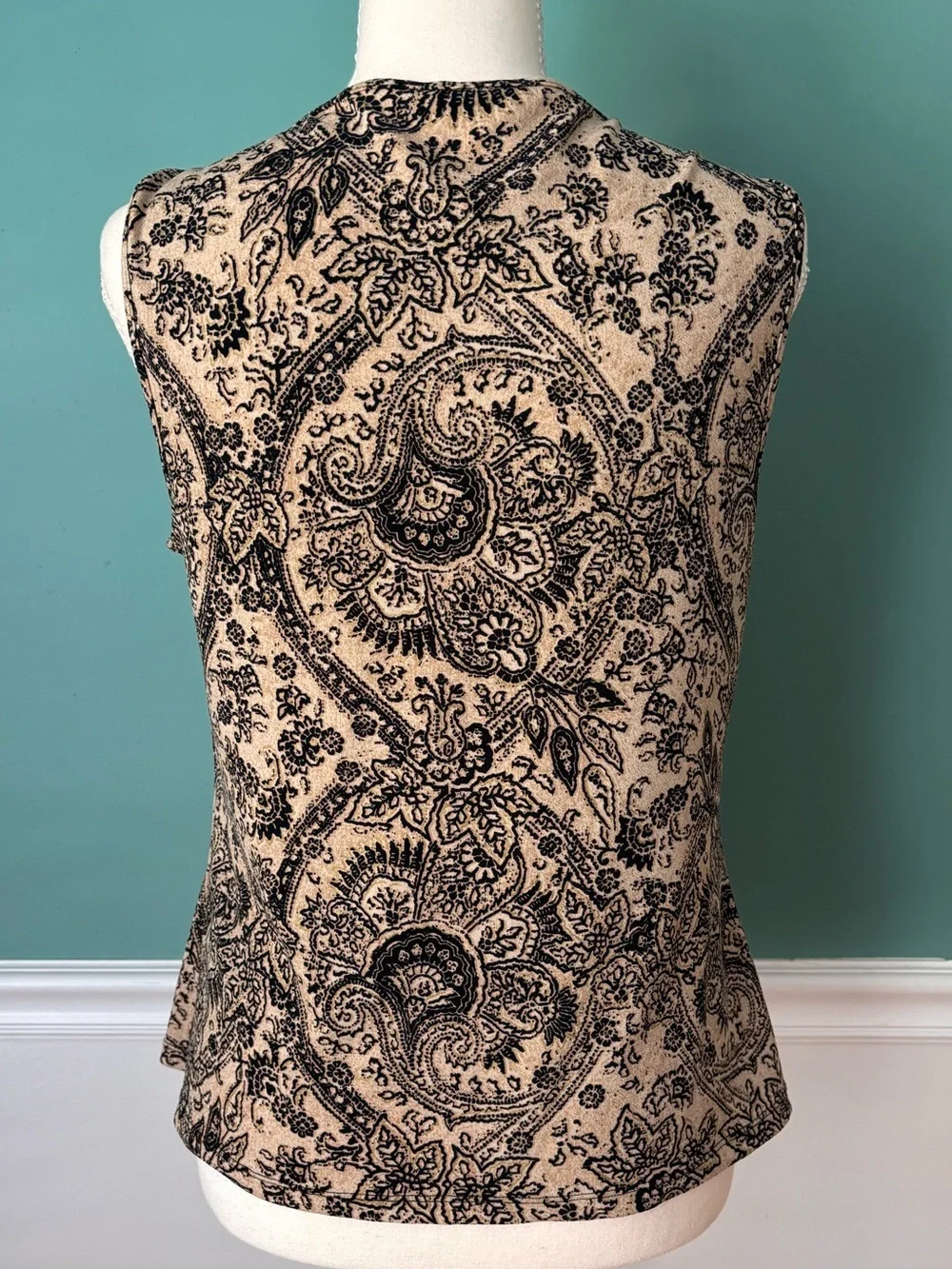 Y2K Boho Paisley Cowl Neck Sleeveless Stretch Top Beige Black Women’s Medium